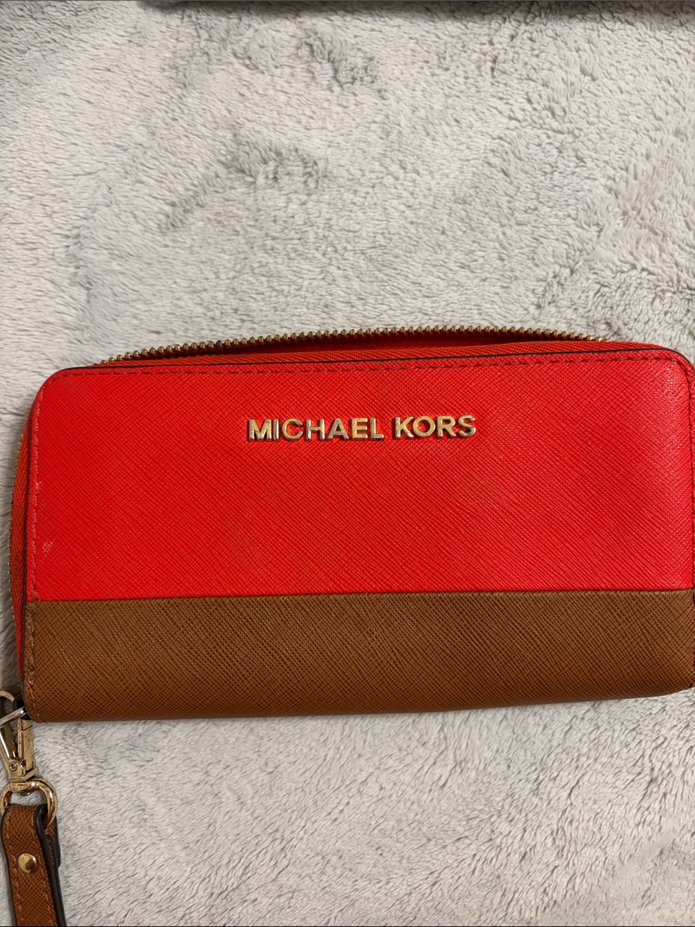 Michael Kors Red and Brown Colorblock Zip Wallet Wristlet